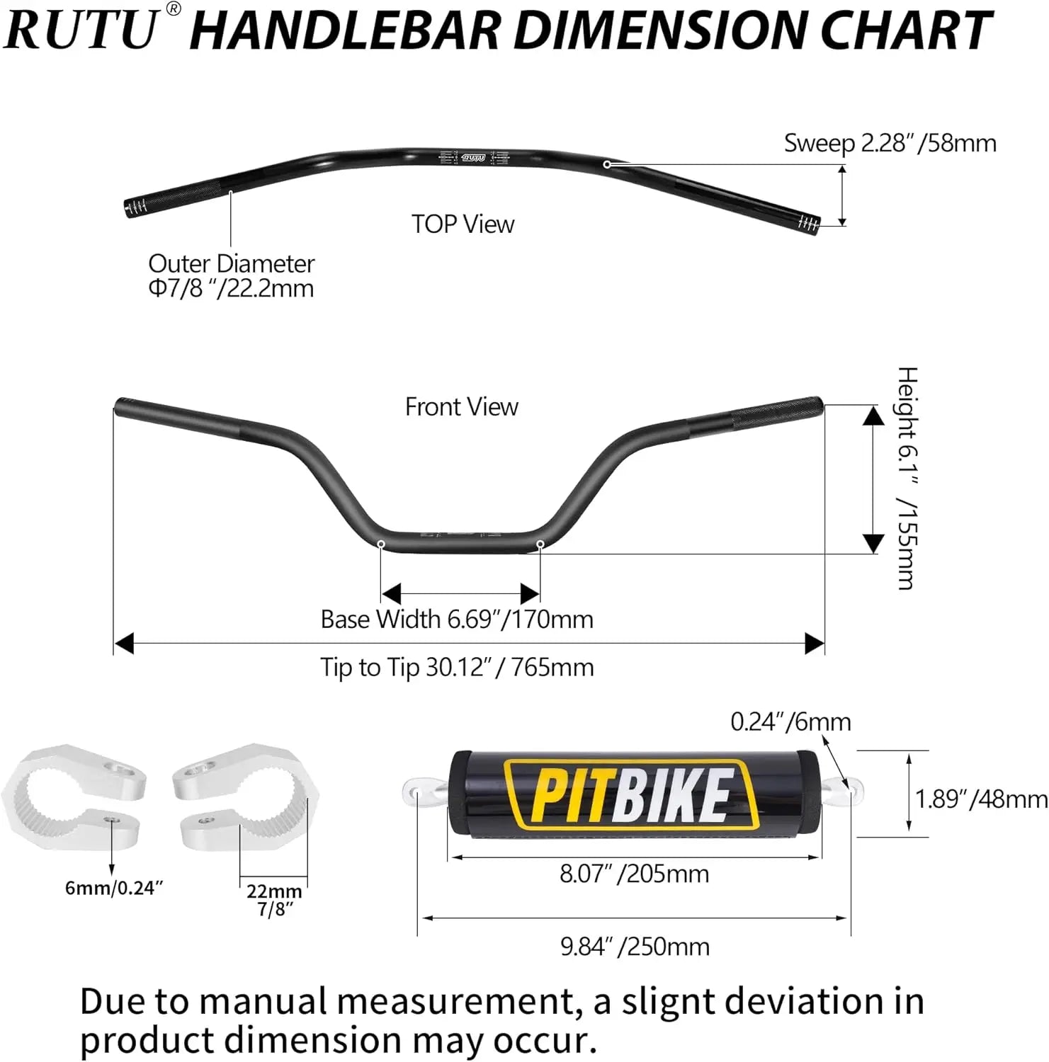Voltrix Racing 7/8" Mid-Rise Motorcycle Handlebars with Crossbar Pad – Universal Dirt Bike, Pit Bike & Mini Bike Handlebar Kit