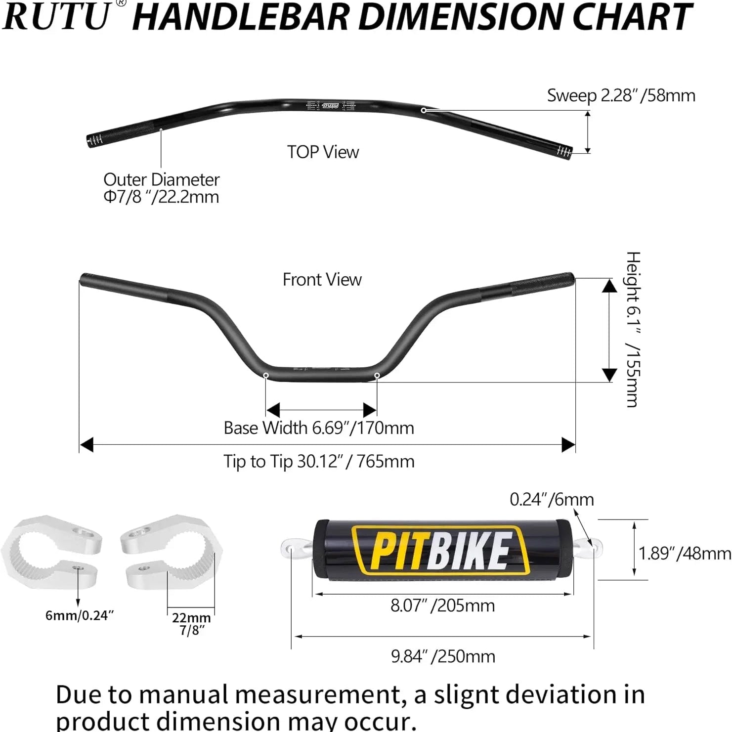 Voltrix Racing 7/8" Mid-Rise Motorcycle Handlebars with Crossbar Pad – Universal Dirt Bike, Pit Bike & Mini Bike Handlebar Kit